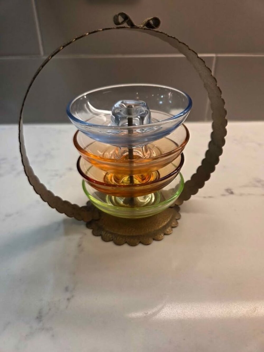 Vintage Cambridge glass multi color ashtrays with brass stand